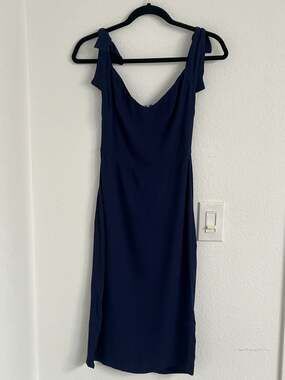 Reformation Ives Mini Dress in Navy Blue Tie Shoulder Cocktail Dress